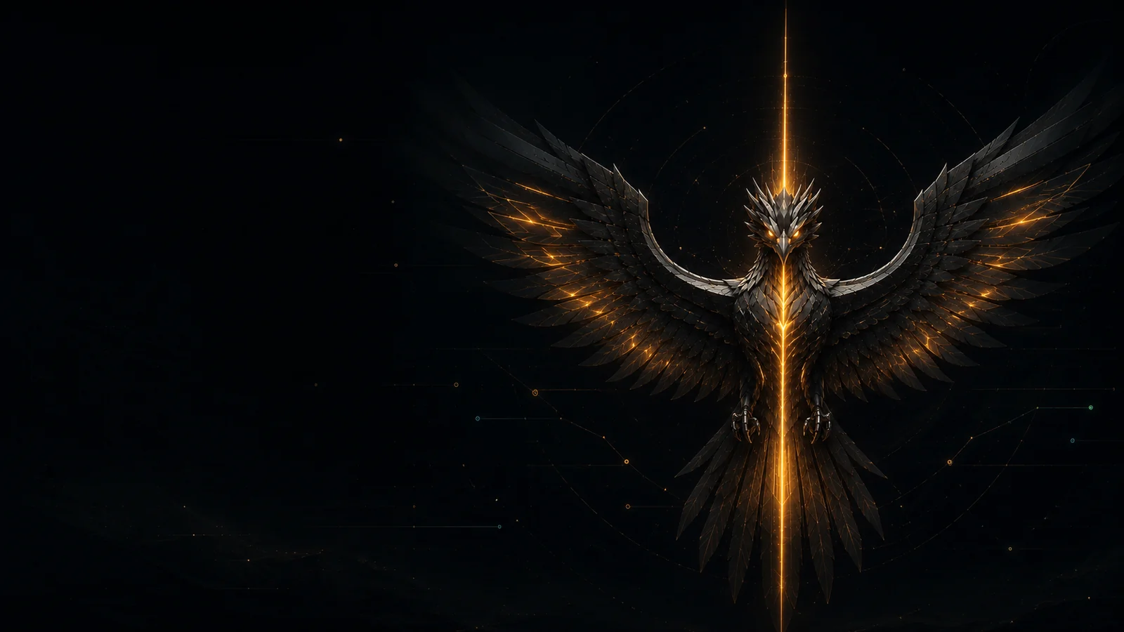 Black and gold Phoenix with wings extended in an amber command field